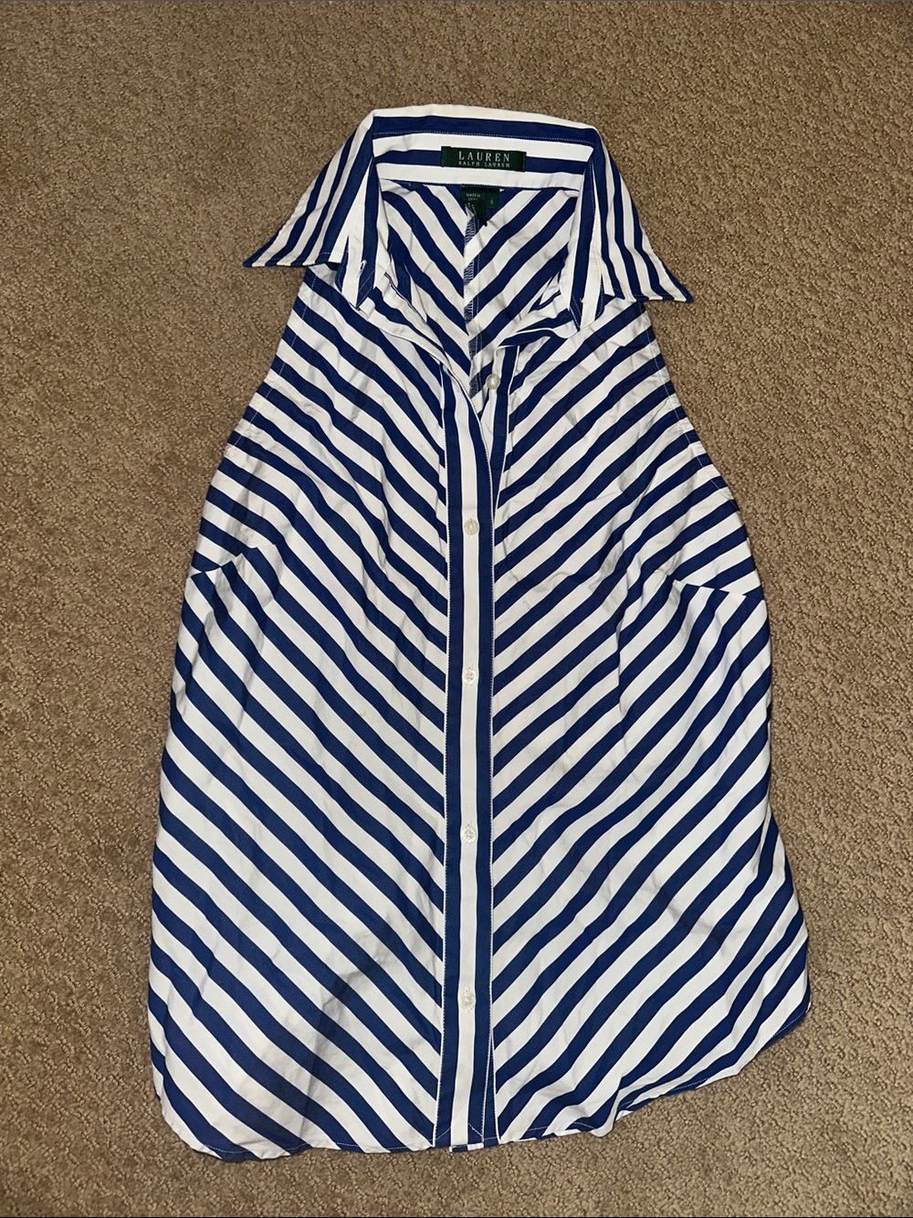Lauren Ralph Lauren Navy and White Striped Sleeveless Button-Down Top